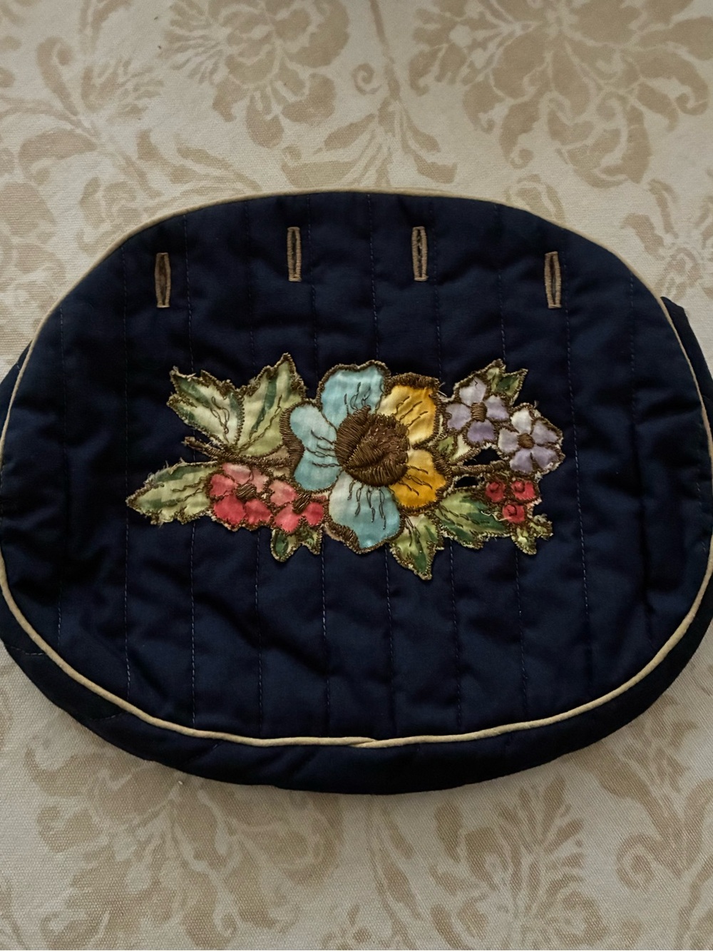Bermuda Bag Cover Navy Quilted Cotton Floral Appliqué 4 Button Vintage